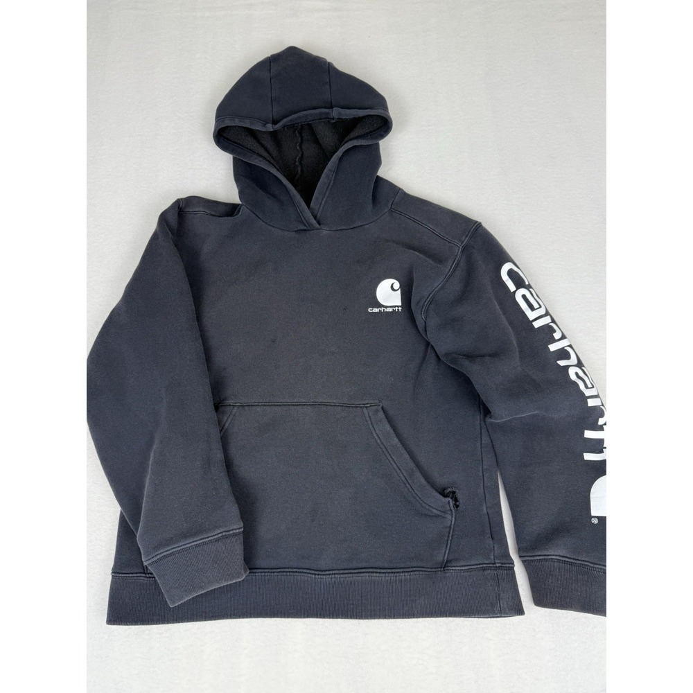 Carhartt Hoodie Kids Size Large 14/16 Black Long Sleeve Spell Out Logo Sleeve
